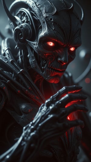 In a breathtaking 8K masterpiece, an absurdly detailed biomechanical warrior bursts forth from cinematic shadows, its metallic exoskeleton radiating a blood-red hue under the soft glow of dim light. The space vampire's finely crafted face is centered, eyes aglow with an otherworldly intensity as it turns to face us in fluid motion. The nose and hand are beautifully detailed, with delicate features that invite scrutiny. Cinematic composition guides our gaze, while extreme full-body portraiture showcases the warrior's intricate biomechanical design.