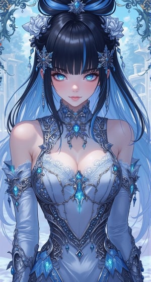 Create an anime-style illustration. Extreme detailed character. Snowflake-haired paladin stands solo, donning crystal armor and flaunting long, luscious locks with subtle bangs framing her face. A sultry smile plays on her lips as she strikes a sexy pose, adorned with hair beads and an elaborate lolita hairband. Her piercing blue eyes seem to sparkle against the rich darkness of her black locks, which cascade down her back like a waterfall. The intricate costume design features a pattern of white lace dress and delicate trims, punctuated by a snowflake-shaped hair ornament dangling from the top knot. Closed lips betray no hint of a smile, while white streaks woven through her multicolored hair add an air of mystique. A choker adorns her neck, complementing the blunt bangs that sweep across her forehead. The overall effect is one of breathtaking beauty and subtle menace, as if she might summon forth a storm at any moment.