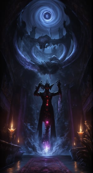 A dimly lit chamber, thick with the scent of decay and forbidden magic, sets the eerie tone for this ominous scene. The corrupted necromancer stands tall, his hands grasping an ancient tome as he unleashes a powerful spell. His eyes glow with an otherworldly energy, casting an unearthly light on the surroundings. The darkness writhes like living shadows around him, as if trying to consume him whole. In the background, candles flicker, casting an eerie glow on the walls. Suddenly, a terrifying demon begins to emerge from the swirling vortex, its twisted form illuminated only by the faint candlelight.