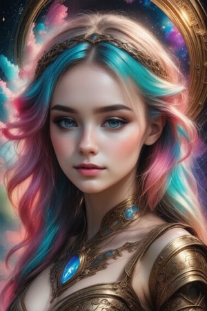 1girl, expressive eyes, beautiful medieval Goddess (Venus), steampunk, perfect face, wide angle lens, long multicolored hair, best quality, cinematic lighting, volumetric lighting, ((an extremely delicate and beautiful face)),  surreal, ink brushstrokes in background mastepiece quality, stunning image, colorful.