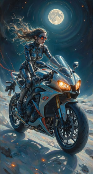 Moonlit Highway: A Cybernetic Witch's Moonbound Ride - A captivating oil painting depicting a cybernetic witch perched atop her sleek, futuristic motorcycle as it glides effortlessly across the lunar surface. Soft, ethereal lighting emanates from the moon itself, casting an otherworldly glow on the witch's metallic skin and the bike's curved lines. In ZloyOrk style, bold brushstrokes bring forth a sense of kinetic energy, as if the very darkness of space is propelling her forward.