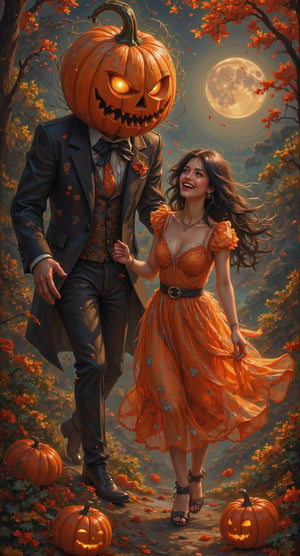 Stunning painting illustration by ZloyOrk. An evil pumpkinman chasing beautiful Laughing women (woman with black hair and orange dress), halloween atmosphere, autumn background.