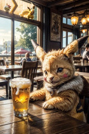 A masterpiece of pokemon indulgence: A 8K, ultra-detailed depiction of a pikachu sipping a frosty beer at a cozy restaurant. Framed in a warm, golden light, the pikachu sits confidently at a wooden table, its fur a rich,  yellow with subtle sheen. The composition showcases the beverage's condensation-covered glass and the gently. The background subtly blurs, focusing attention on this unique, High-detailed scene of a pikachu enjoying a drinkin.