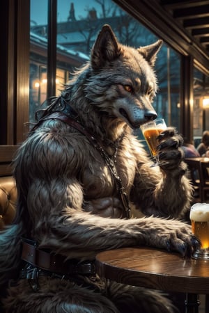 A masterpiece of werewolf indulgence: A 8K, ultra-detailed depiction of a lycanthrope sipping a frosty beer at a cozy restaurant. Framed in a warm, golden light, the werewolf sits confidently at a wooden table, its fur a rich, dark brown with subtle sheen. The composition showcases the beverage's condensation-covered glass and the werewolf's claws gently wrapped around it. The background subtly blurs, focusing attention on this unique, High-detailed scene of a monster enjoying a quiet night out.