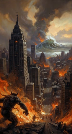 A hellish Armageddon unfolds: towering skyscrapers crumble amidst a churning dust cloud as gargantuan demons prowl the streets. In the background, a colossal tsunami wave ravages the shore, adding to the devastation. Flames and smoke engulf the smoldering cityscape, casting an infernal glow on the apocalyptic chaos. Stunning image by ZloyOrk style