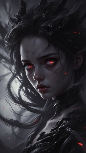 In this cinematic masterpiece, a phantasmagorical woman's silhouette materializes against a backdrop of black on white smoke layers, bathed in vibrant neon glow. Her anime-inspired portrait radiates sadness and menace, with intricately detailed features that seem to leap from the canvas. Her eyes, pools of crystal clear clarity, convey depth of sorrow and calculation. Finely detailed, ultra-detailed, high-res, absurdly resolute, her cute delicate face is framed by cinematic lighting, casting a best shadow. Beautifully detailed nose complete the portrait. The air thick with horror and nightmare fuel as this sadistic woman's form seems to writhe in agony, her existence a testament to blurred lines between sci-fi fantasy and darkest reality.