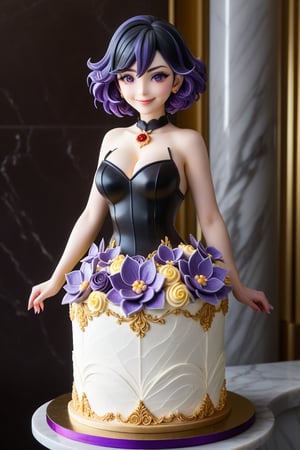 A buttercream cake sculpture full body closeup of a 1girl, solo, vermeil \(KINSOU NO VERMEIL\), short hair, purple hair, hair between eyes, ruby eyes, ahoge, big breasts, black dress, bare shoulders, detached collar, cleavage, passion smile. A young demoness, standing sexy pose, with hourglass figure decorated in elaborate colorful designs,  displayed on a marble counter, there is buttercream frosting with iridescent gloss, sugar flowers, and piping, Cake Style 