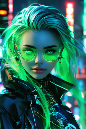 beautiful pale cyberpunk female, hyper detail, cinematic lighting, emerald hair, emerald neon light city, 4k, trending on artstation, pixiv, perfect detail, Jeremy Mann, Rutkowski, and other Artstation illustrators, intricate details, face, passion smile, neon sunglasses, full body portrait, headshot, illustration, UHD, 4K, high resolution face, detailed face, high definition eyes, detailed eyes,cyberpunk style