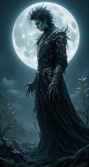 Extreme detailed character, Moonlit Serenade: A dreamy landscape bathes Edward's ethereal features in a soft, silvery glow. His porcelain-liked complexion and tousled hair blend with misty atmosphere. Leaves rustle, wind whispers, as Edward stands tall, scissorhands glistening in lunar light, his pose a gentle serenade to the night.