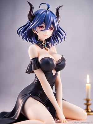 masterpiece, best quality, highres
,//Character, 
1girl, solo, vermeil \(KINSOU NO VERMEIL\), short hair, blue hair, hair between eyes, ruby eyes, horns, ahoge, big breasts 
,//Fashion, 
black dress, bare shoulders, detached collar, cleavage, slit pupils, passion smile
,//Background, 
,//Others, ,Expressiveh, 
A young priestess kneeling before a dark altar, surrounded by ominous statues and flickering candles., score_9_up, score_8_up,score_7_up,3D,PVC Style