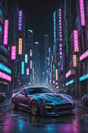 1 car, A Ford Shelby Cobra in cyberpunk style, no humans, cyberpunk neon city, 