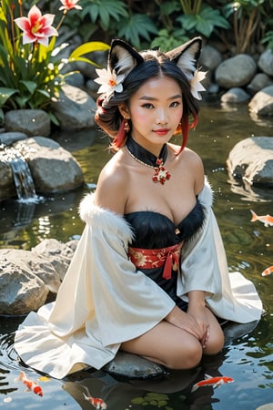 A serene masterpiece: Tekeli, a stunning 25-year-old model with striking black hair, adorned with animal ear fluff and a majestic black fox tail, sits majestically on a rock in the center of a crystal-clear pond. Her gentle smile and bright red inner hair radiate happiness as she gazes directly at the viewer. Wearing a exquisite hanfu kimono with intricate design and fur trim, her exposed shoulders and wide sleeves showcase her alluring bust. A cat collar and magatama necklace accentuate her ethereal beauty. Surrounded by lush greenery and koi fish, Tekeli holds a flower in her hand, exuding glamour and perfection.