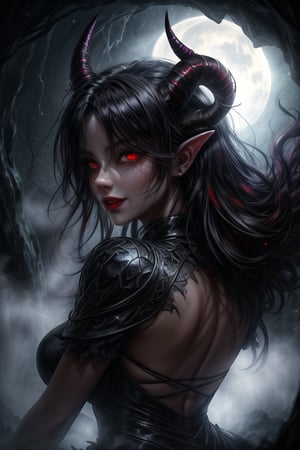 extreme detailed, (masterpiece), (top quality), (best quality), (official art), (beautiful and aesthetic:1.2), (stylish pose), (1 woman), (fractal art: 1.3), (colorful).
In a dimly lit, misty alleyway, a mesmerizing demon girl stands alone, her piercing red eyes fixed intently on the viewer. She is surrounded by a heavy, foreboding atmosphere, as if she might vanish into the shadows at any moment. Her red-black hair cascades down her back like a waterfall of night, seamlessly blending with intricate horns that curve upward from her temples. The horns' dark, scaly texture glistens in the faint moonlight, as if infused with an otherworldly energy. A subtle, wicked grin plays on her lips, hinting at a malevolent intent. Her porcelain-ike skin glows with an ethereal sheen, illuminated by the faint, eerie light that seems to emanate from her very being.