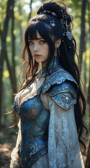 Medieval setting. A majestic snowflake haired female knight stands solo in a sun-dappled forest glade, donning crystal armor and flaunting long, luscious locks with subtle bangs framing her face. She strikes a sexy pose, adorned with hair beads and an elaborate lolita hairband, as piercing blue eyes seem to sparkle against the rich darkness of her black locks. The intricate costume design features a pattern of white lace dress and delicate trims, punctuated by a snowflake-shaped hair ornament dangling from the top knot.