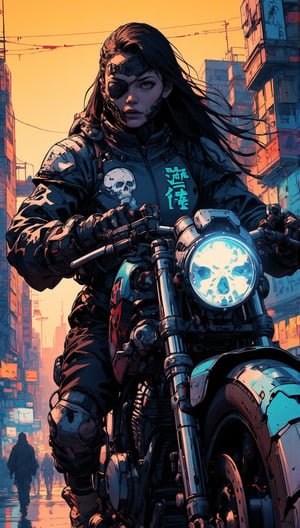 Prompt: Masterpiece, professional, award-winning, intricate details, ultra high detailed, 64k, volumetric light, dynamic lighting, Movie Aesthetic, action shot, comic book panels by Travis Charest and Phil Noto (colored). A gritty cyberpunk cityscape at sunrise, neon hues reflecting off rain-soaked streets. A female cyborg samurai assassin, a pirate patch over one eye. Her face obscured by flowing long hair whipping around skull-like features, she gazes out at the city's awakening chaos. The high-contrast motorcycle jacket emblazoned with glowing Japanese writing hums with energy, wires and nano-tech implants snaking across her shoulders like veins. Dark attire, as a skull-adorned sleeve serves as a gruesome reminder of her deadly profession. She's riding a bike. Bike In the style of Hideo Kojima, superb detail, It must not be commonplace, Must have a very complex structure, Must have a very high degree of randomness, Must be an image that no one has ever seen before, It has to be very original, Must have tremendous detail, It has to be of the highest artistic quality, It has to be the ultimate, Failure is not an option.,