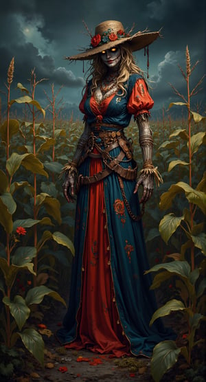 Stunning realistic illustration by ZloyOrk. Beware the Fields: A glamorous scarecrow woman stands guard in a field that seems alive, with glowing eyes peeking from the shadows of the cornstalks. Her once vibrant attire is now tattered and stained. The background is filled with dark shadows and whispering winds, creating an unsettling sense of dread.