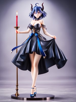 masterpiece, best quality, highres
,//Character, 
1girl, solo, vermeil \(KINSOU NO VERMEIL\), short hair, blue hair, hair between eyes, ruby eyes, horns, ahoge, big breasts, full body, long beauty legs
,//Fashion, 
black dress, bare shoulders, detached collar, cleavage, passion smile
,//Background, 
,//Others, ,Expressiveh, 
A young demoness, standing sexy pose, surrounded by ominous statues and flickering red candles, detailed background., score_9_up, score_8_up,score_7_up,3D,PVC Style