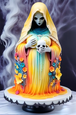 A buttercream cake sculpture full body closeup of a female Pocong (the ghostly figure is swathed in a tattered death shroud), her large breasts are visible, its hollow eyes glowing with an otherworldly intensity. Mini figure by Aaron Horkey and Jeremy Mann, figure decorated in elaborate colorful designs,  displayed on a marble counter, there is buttercream frosting with iridescent gloss, sugar flowers, and piping, 
