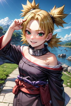 Temari, Quad Tails, Forehead Protector, Headband, Japanese Clothes, Black Kimono, Red Belt, green eyes, near to riverside, smile