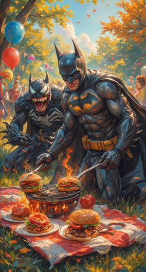 A sunny day at Gotham's favorite park! Batman, donning his iconic cowl, expertly flips juicy burgers on the sizzling grill while Venom, sporting a mischievous grin, attempts to devour the flames themselves. A vibrant picnic blanket sprawls beneath them, adorned with colorful balloons and a playful party atmosphere. As they share a hearty laugh, their unlikely friendship shines through in this humorous illustration of a superhero-turned- BBQ-buddy duo.