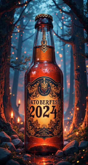 A mystical fusion of past and present by ZloyOrk's style: In a dimly lit, 21st-century realm, Oktoberfest beer, label "OKTOBERFEST 2024". Beautiful illustration, fantasy 