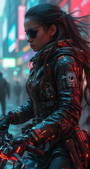 Prompt: Masterpiece, professional, award-winning, intricate details, ultra high detailed, 64k, volumetric light, dynamic lighting, Movie Aesthetic, action shot, comic book panels by Travis Charest and Phil Noto (colored). A gritty cyberpunk cityscape at sunrise, neon hues reflecting off rain-soaked streets. A female cyborg samurai assassin, a pirate patch over one eye. Her face obscured by flowing long hair whipping around skull-like features, she gazes out at the city's awakening chaos. The high-contrast motorcycle jacket emblazoned with glowing Japanese writing hums with energy, wires and nano-tech implants snaking across her shoulders like veins. Dark attire, as a skull-adorned sleeve serves as a gruesome reminder of her deadly profession. She's riding a bike. Bike In the style of Hideo Kojima, superb detail, It must not be commonplace, Must have a very complex structure, Must have a very high degree of randomness, Must be an image that no one has ever seen before, It has to be very original, Must have tremendous detail, It has to be of the highest artistic quality, It has to be the ultimate, Failure is not an option.,