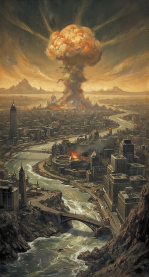 A desolate urban landscape is consumed by utter devastation. A colossal mushroom cloud bursts forth from the nuclear explosion, its blazing pillar soaring into the hazy atmosphere as a torrential wave crashes through the city's waterfront, demolishing structures and infrastructure. Amidst the apocalyptic mayhem, a shattered bridge lies broken beneath the turbulent waters, while a once-thriving metropolis now teeters on the brink of collapse. Stunning image by ZloyOrk style