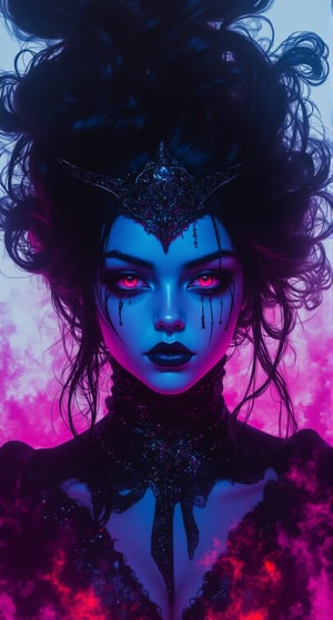 A cinematic close-up frames the phantasmagorical woman's striking silhouette against a stark backdrop of black smoke layers on white, as vibrant neon hues cast an eerie glow. Her anime-inspired portrait exudes sadness and menace, with intricate details - like piercing eyes, delicate lips, and ornate hair adornments - seemingly leaping from the screen.