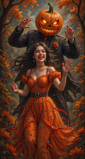 Stunning painting illustration by ZloyOrk. An evil pumpkinman chasing beautiful Laughing women (woman with black hair and orange dress), halloween atmosphere, autumn background.