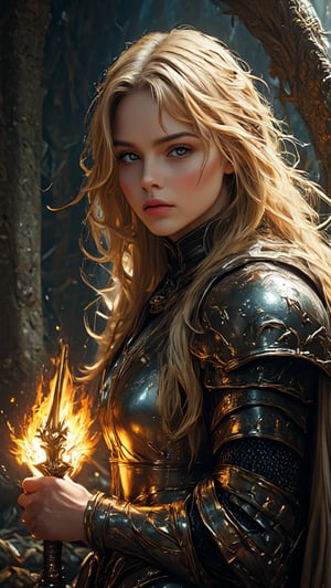 A cinematic portrait of a fearless medieval warrior woman: Amidst foreboding darkness, her determined gaze illuminates the desolate landscape as she strides forward, fire torch ablaze in her steady hand, casting warm golden light on her blonde hair and intricate armor patterns that gleam amidst the misty veil. Her finely detailed face, with beautiful delicate eyes and nose, is the focal point of the image. The cinematic composition features a stunning shadow that accentuates her facial features. Her passionate smile and dynamic pose convey unwavering courage, as hints of malevolent demons lurk in shadows, their dark silhouettes contrasting with the soft idyllic background whispers ancient mysticism.