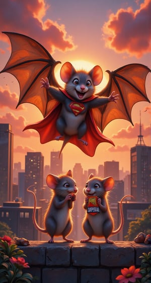 A bat wearing a superhero cape, perched on a city skyline at sunset, ready to swoop down to save a some mouse of playful. The bat strikes a heroic pose, with a comical expression, while the mice cheer him on, holding tiny banners that say “SUPERBAT!”,funny animals