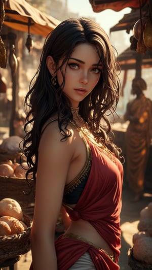 A stunningly rendered 8K CG masterpiece captures the essence of Ancient Rome's bustling streets. Under the warm glow of cinematic lighting, a breathtakingly beautiful woman with long, flowing locks and intricately detailed attire poses amidst authentic street stalls. Her delicate face, finely crafted eyes, and exquisitely rendered nose are showcased in exquisite detail, as if plucked from a fine art museum. A beautifully detailed hand cradles a vendor's wares, while her gaze seems to hold the secrets of the ancient city. Shadows dance across the scene with precision, adding depth and dimensionality to this ultra-detailed, photo-realistic illustration.