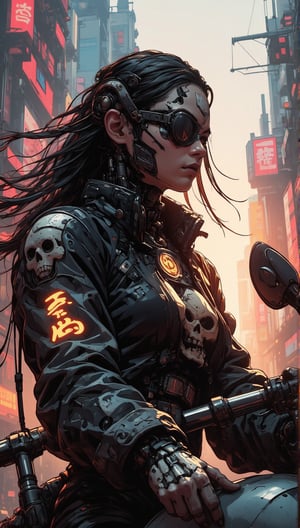 Masterpiece, professional, award-winning, intricate details, ultra high detailed, 64k, volumetric light, dynamic lighting, Movie Aesthetic, action shot, comic book panels by Travis Charest and Phil Noto (colored). A gritty cyberpunk cityscape at sunrise, neon hues reflecting off rain-soaked streets. A female cyborg samurai assassin, a pirate patch over one eye. Her face obscured by flowing long hair whipping around skull-like features, she gazes out at the city's awakening chaos. The high-contrast motorcycle jacket emblazoned with glowing Japanese writing hums with energy, wires and nano-tech implants snaking across her shoulders like veins. Dark attire, as a skull-adorned sleeve serves as a gruesome reminder of her deadly profession. She's riding a bike. Bike In the style of Hideo Kojima, superb detail, It must not be commonplace, Must have a very complex structure, Must have a very high degree of randomness, Must be an image that no one has ever seen before, It has to be very original, Must have tremendous detail, It has to be of the highest artistic quality, It has to be the ultimate, Failure is not an option.