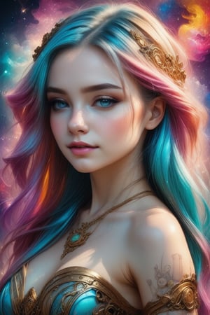 1girl, expressive eyes, beautiful medieval Goddess (Venus), steampunk, perfect face, wide angle lens, long multicolored hair, best quality, cinematic lighting, volumetric lighting, ((an extremely delicate and beautiful face)),  surreal, ink brushstrokes in background mastepiece quality, stunning image, colorful.