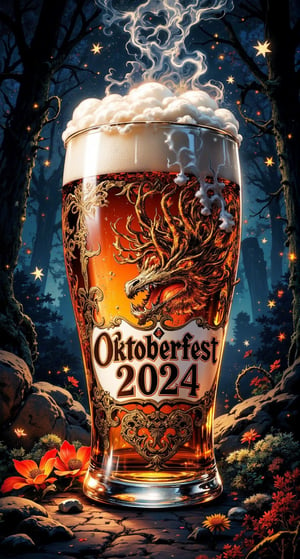 A mystical fusion of past and present by ZloyOrk's style: In a dimly lit, 21st-century realm, Oktoberfest beer, label "OKTOBERFEST 2024". Beautiful illustration, fantasy 