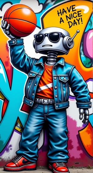 Vibrant graffiti canvas on the wall, a kaleidoscope of colors and anthropomorphic robot stands confidently, wearing a denim jeans jacket and black sunglasses, holding an orange basketball aloft. Sharp contours define its features amidst a riotous mix of hues. In the background, the cheeky phrase Have a nice day scrawls across the wall in playful street art style, as if the robot is embracing 2000s hip hop culture with infectious enthusiasm.