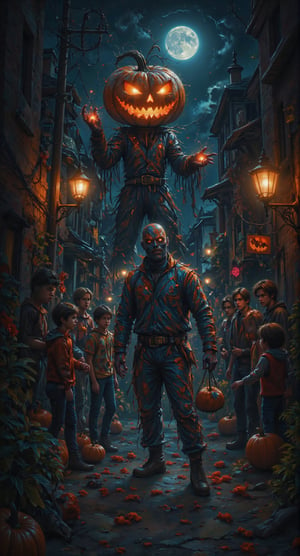 A dark alleyway, lit only by flickering streetlights and a full moon, sets the tone for a spooky yet playful Halloween scene. In the distance, a giant pumpkin statue towers above, adorned with cobwebs and glowing jack-o-lantern eyes. To the left, a group of mischievous trick-or-treaters, dressed in ripped clothing and sinister grins, surround the Candyman's eerie figure, who holds a bag of candy as if offering a supernatural deal. The atmosphere is electric with ZloyOrk's gritty Halloween humor, as if the night itself has come alive to revel in the celebration.