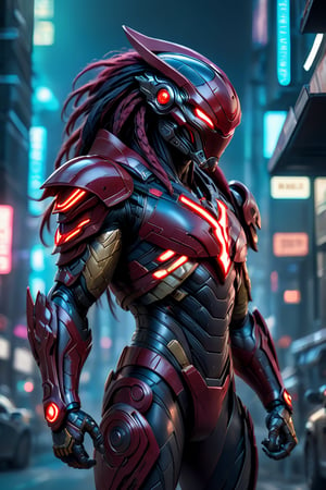 Photo Realistic, 8k. A hyper-detailed digital painting of a cyborg warrior stands neon night city, her dark red and black scaly suit glistening in diffused sunlight. The suit's intricate textures and reinforced armor on him shoulders seem to absorb the light, while metallic dreadlocks flow from him helmet's iconic Predator mandibles. casting long shadows that accentuate him powerful stance. Muted colors dominate the scene, drawing focus to him alien presence: a fusion of predator and hunter, shrouded in mystery.