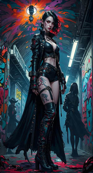 Amidst a dimly lit train station, where vibrant graffiti swirls like a madman's canvas, a stunning vampire woman stands tall. Her outfit, a mesmerizing fusion of streetwear edginess and dark horror, seems to pulse with an otherworldly energy. Silhouetted figures lurk in the shadows, their menacing presence amplified by the flickering train lights. The woman's gaze is hypnotic, her beauty both captivating and terrifying as she appears to be the master of this eerie domain.