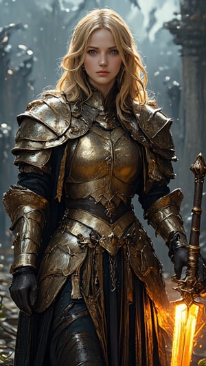 A cinematic portrait of a fearless medieval warrior woman: Amidst foreboding darkness, her determined gaze illuminates the desolate landscape as she strides forward, fire torch ablaze in her steady hand, casting warm golden light on her blonde hair and intricate armor patterns that gleam amidst the misty veil. Her finely detailed face, with beautiful delicate eyes and nose, is the focal point of the image. The cinematic composition features a stunning shadow that accentuates her facial features. Her passionate smile and dynamic pose convey unwavering courage, as hints of malevolent demons lurk in shadows, their dark silhouettes contrasting with the soft idyllic background whispers ancient mysticism.