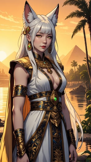 A majestic fox girl, donning sumptuous attire adorned with intricate patterns and dazzling jewels, stands amidst the grandeur of ancient Mesopotamia. Her long, straight white hair cascades down her back like a river of silk, framing a face of exquisite symmetry and delicate features. The setting sun casts a warm golden light upon her, as well as the towering ziggurats and the mighty Euphrates River. Palm trees sway gently in the breeze, their fronds rustling softly against the backdrop of ancient architecture. Her animal ear fluff and fox ears peek out from beneath her bangs, as she sports a serene expression, reflecting the tranquility of her surroundings. The soft glow of sunset highlights her yellow eyes, adding to her enigmatic allure. In this stunning 8k anime wallpaper illustration, the beautiful woman with extra ears and long hair stands strong, a symbol of Mesopotamia's enduring beauty and splendor.