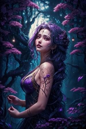 A close-up shot of Sindel's upper body, framed to highlight the intricate details of her purple and black costume, stands confidently amidst a mystical forest bathed in soft, golden lighting. Her striking features are illuminated, with iconic gray hair flowing down like a river of moonlight, accentuating her regal presence. Towering trees loom in the background, their tangled branches creating a mesmerizing dance of twigs and leaves.
