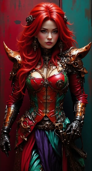 Extreme detailed character. A stunning beautiful red-haired woman dressed as the Queen of Love, blending regal elegance with steampunk and cybernetic elements. She wears a striking red dress with a green corset that emphasizes her waist, paired with a short blue skirt that adds a playful touch. The outfit is adorned with steampunk accessories—gears, goggles, and metallic details—integrated with cybernetic enhancements that give her a futuristic edge. The background is textured with complementary colors of red, green, and blue, creating a vibrant and dynamic atmosphere that highlights her commanding presence..,Midjourney style