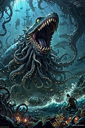 In the dark depths of the ocean, a colossal sea monster rises from the void. A massive whale, its body undulating like a living wave, is now home to a tangled mass of razor-sharp tentacles. The kraken-like appendages writhe and twist, as if fueled by Void3nergy. Sharp teeth glint in the dim light, revealing a predator's hunger. The OuterWorldAI's eerie silence surrounds this horror, where no human dares to tread.