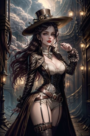 A steampunk vampire stands at an angle, their smile subtly upturned as they gaze away from the camera. The wind whips through their long, dark hair, and their red lips curve upwards in a sly grin. Their eyes smolder with a hint of smoke, adding to their mysterious allure. A wide-brimmed hat is clasped tightly around their head, while a leather trench-coat drapes elegantly down their back, cinched at the narrow waist by multiple belts adorned with intricate buckles. The laced corset adds a touch of Victorian flair, and their pale skin seems to glow in contrast to the dark surroundings. The steampunk scenery is alive with intricate detail, as gears and clockwork mechanisms whir and tick in the background.