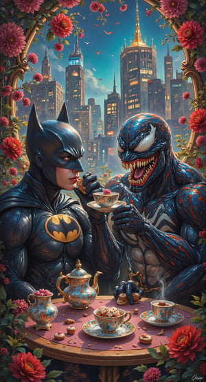 In a whimsical twist on the Caped Crusader's usual Gotham City exploits, Batman sips tea elegantly, monocle glinting, amidst a vibrant cityscape backdrop. Venom, sporting an over-the-top grin, makes off with a cupcake from Batman's saucer. they sit amidst a colorful tapestry of Gotham's iconic skyline and ornate tea party accoutrements.