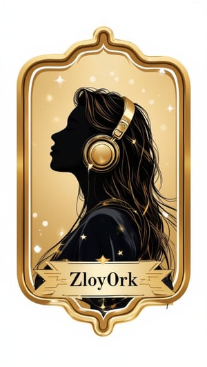 Logo badge. Create a chic and eye-catching logo that showcases the silhouette of a girl with long hair wearing large headphones. The silhouette should convey a sense of music and rhythm. Enclose the design within an elegant golden frame to add a touch of sophistication. Below or around the silhouette, include the text 'ZloyOrk' in a modern and stylish font that harmonizes with the overall theme. The color palette should emphasize gold, with contrasting colors to enhance the logo's visual impact.