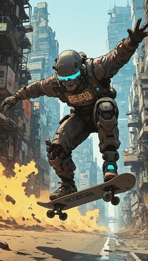 In a cinematic masterpiece, a skateboarder soars through a dystopian metropolis, bathed in volumetric light that simulates 64k resolution. Dynamic lighting accentuates intricate details on their gear and attire, as if crafted by Travis Charest and Phil Noto's finest comic book panels. The scene is set against a backdrop of gritty urban decay, reminiscent of Hideo Kojima's vision. With every curve and scrape, the skateboarder's action shot defies gravity, while the surroundings seem to warp and distort around them, as if reality itself has been manipulated. This breathtaking image is an original work of art that redefines the boundaries of visual storytelling, a testament to the ultimate in artistic excellence.