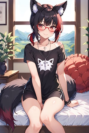 1girl Tekeli,//, black fox ears, animal ear fluff, black fox tail, black hair, red inner hair, short ponytail, sidelocks, red eyes, collarbones, small chest,//, fashion, red glasses,cross necklace, black shirt, fox pattern,//, blush, smile, looking at viewer,//, adjusting hair, focus on necklace, detailed necklace,//, indoors, scenery, emo