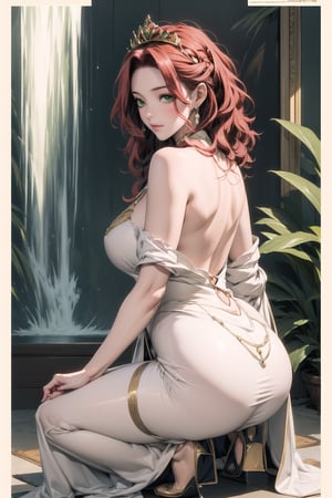 A stately beauty Malty, stands tall, her piercing green eyes directly addressing the viewer with confidence and pride. Her extremely long, red locks cascade down her back like a golden waterfall, framing her radiant face. A delicate white tiara crowns her head, complementing the flowing pastel hues of her sexy white dress. Big chestnut breasts peek out from beneath the dress's sweetheart neckline, adding to the overall sense of mastery and beauty in this stunning portrait.,one knee